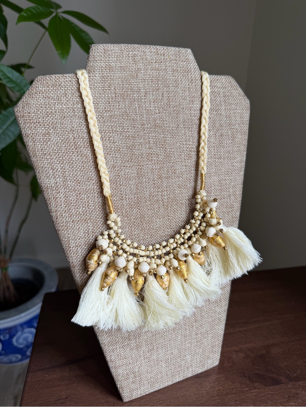 Noonday Collection Cream and Gold Tassel Bib Necklace